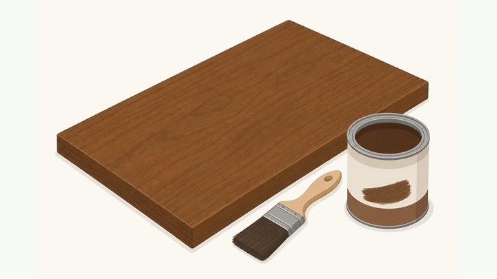 Illustration: evenly stained wood board with brush and stain can