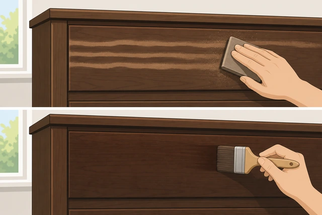 Illustration: sanding cured stain lap marks then restaining evenly