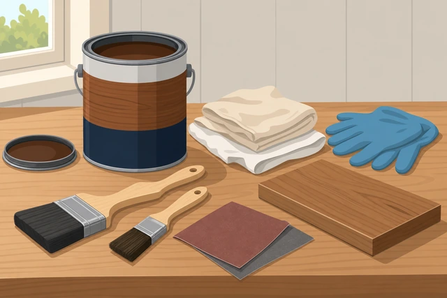 Illustration: wood stain can brushes rags sandpaper gloves and scrap board staged