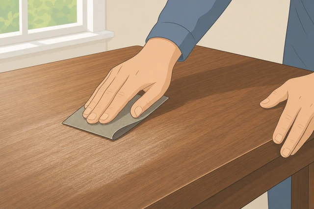 Illustration: light scuff sanding dried stain before clear topcoat