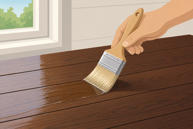 Illustration: brushing clear polyurethane topcoat over dried wood stain
