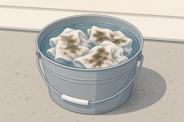 Illustration: oily stain rags soaking in water bucket for safe disposal