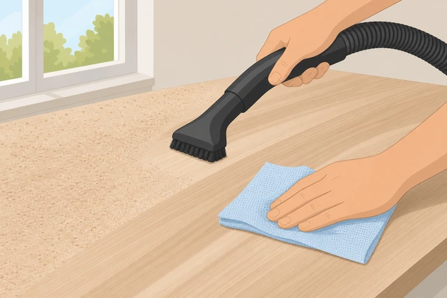 Illustration: vacuuming and tack-cloth wiping sanding dust from wood