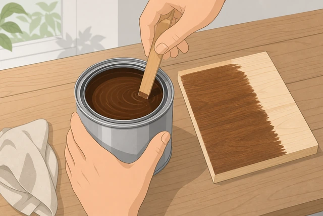 Illustration: stirring wood stain and testing color on a scrap board