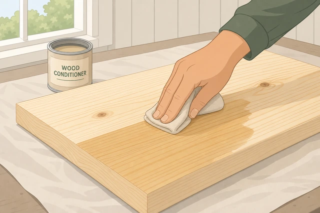 Illustration: applying wood conditioner to pine before staining