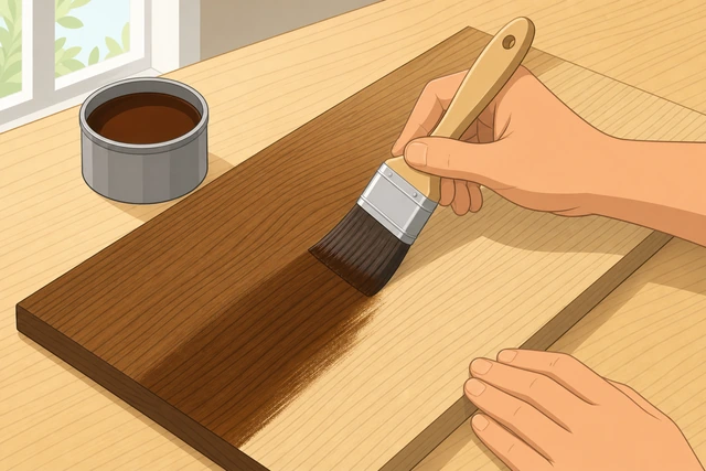Illustration: brushing wood stain onto a board with the grain