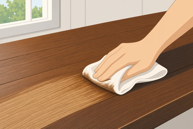 Illustration: wiping excess wood stain with a clean rag