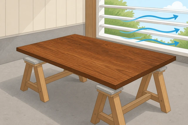Illustration: stained wood drying with good ventilation overnight