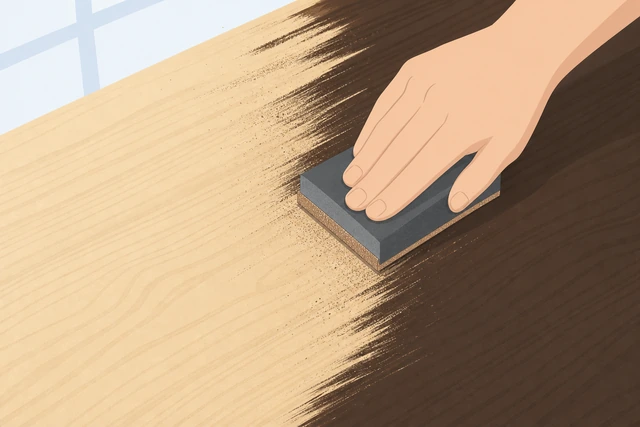 Illustration: sanding cured dark stain back toward bare wood