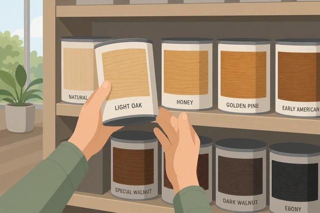 Illustration: choosing a lighter wood stain color can on a shelf