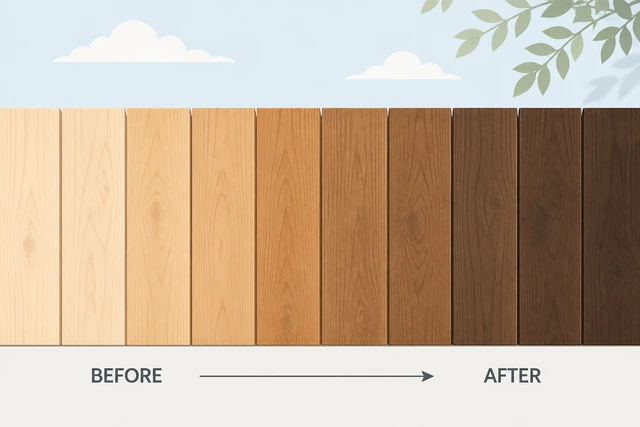 Illustration: wood sample aging darker over time concept