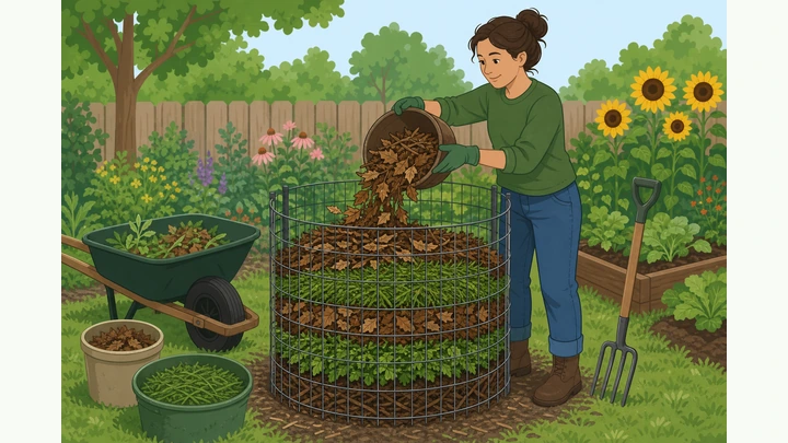 Illustration: person layering browns and greens into an outdoor compost bin in a garden