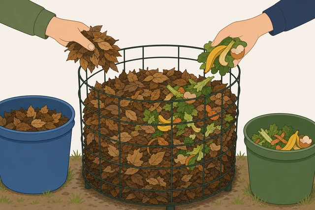 Illustration for Build the pile at roughly a 2-3:1 browns:greens ratio.