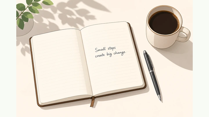 Illustration: open notebook with one short handwritten sentence and a pen beside a coffee cup