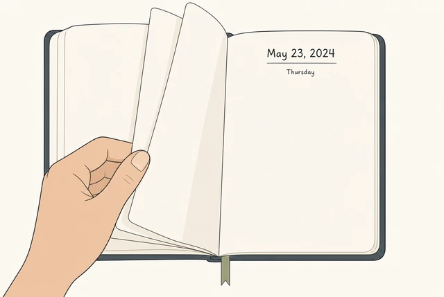 Illustration: flipping past empty journal pages to today's date
