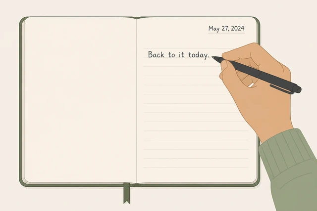 Illustration: writing one sentence on today's journal page after a skip
