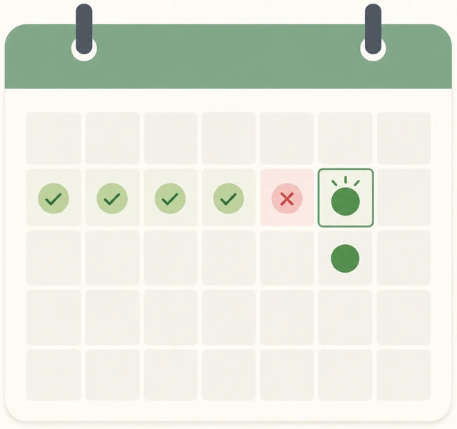 Illustration: calendar restarting streak from today after a missed day
