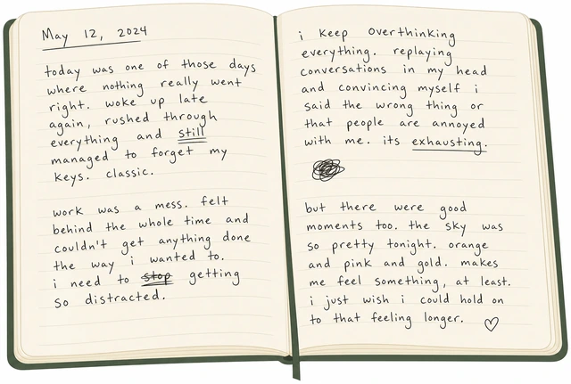 Illustration: imperfect messy handwriting left uncorrected in journal