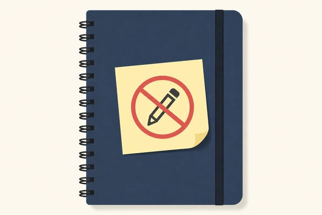 Illustration: sticky note on notebook cover saying no editing this week