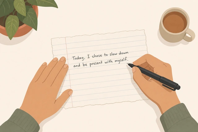 Illustration: writing journal sentence on scrap paper instead of fancy book