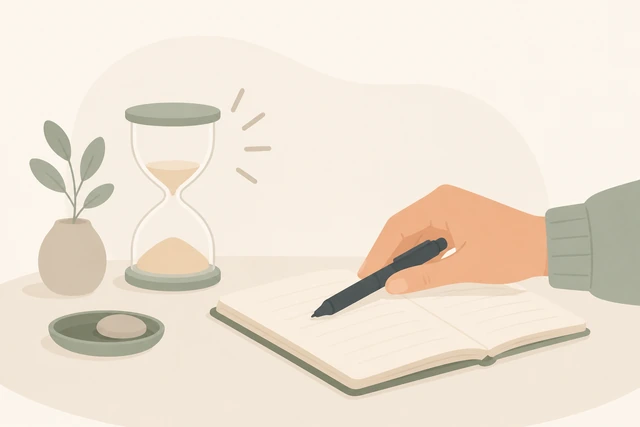 Illustration: timer ending while pen is put down on short journal entry
