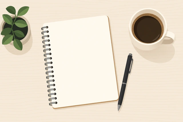 Illustration: plain notebook pen and coffee cup as a daily cue setup