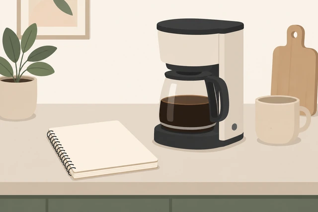 Illustration: notebook placed beside coffee maker ready for habit stack