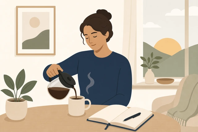 Illustration: person pouring morning coffee as journaling cue