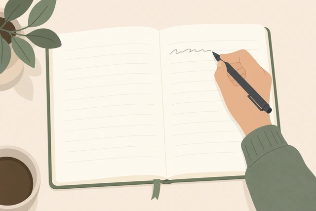 Illustration: hand writing starter prompt sentence in notebook