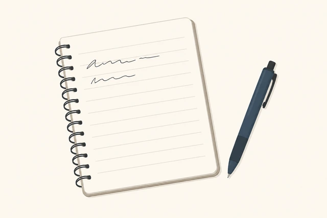 Illustration: notebook with one or two short sentences then pen put down