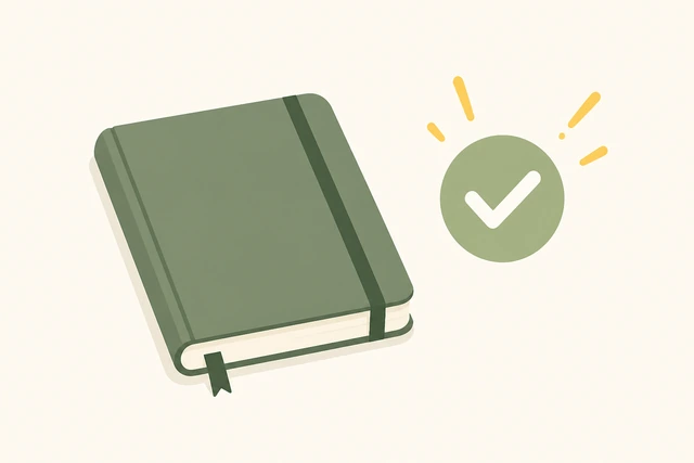 Illustration: closed notebook with small check mark celebration