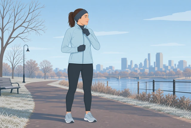 Illustration: runner keeping jacket and shoes on while warming up indoors near a doorway