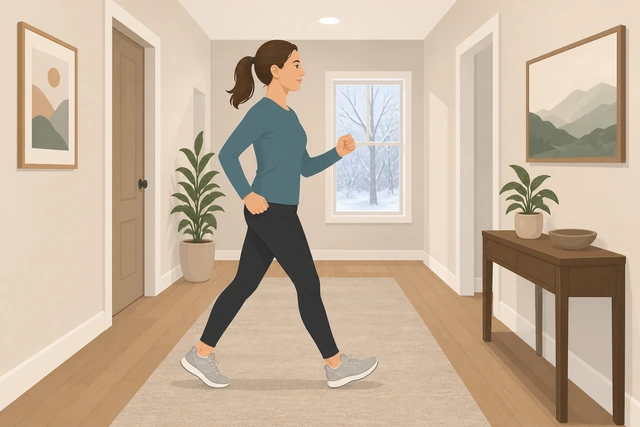Illustration: person brisk walking indoors or on a short block to raise body temperature quickly
