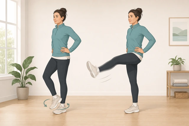 Illustration: compressed warm-up with ankle circles and brief leg swings against a wall