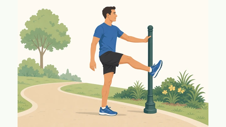 Illustration: runner on a flat path doing a dynamic leg swing warm-up beside a fence rail