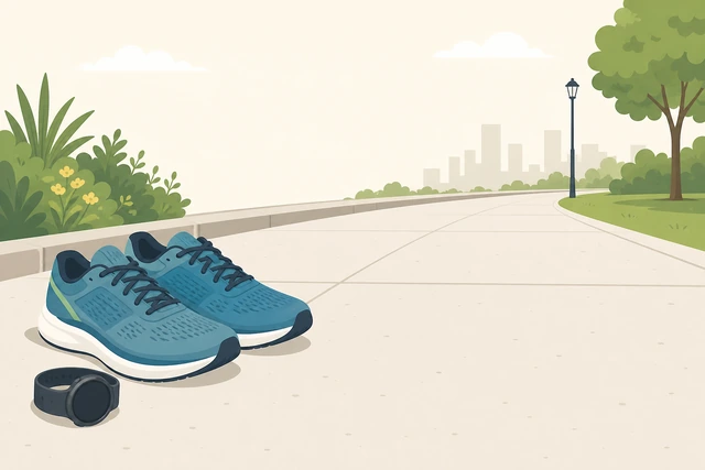 Illustration: running shoes tied on a flat sidewalk with a simple warm-up checklist and five to ten minute clock