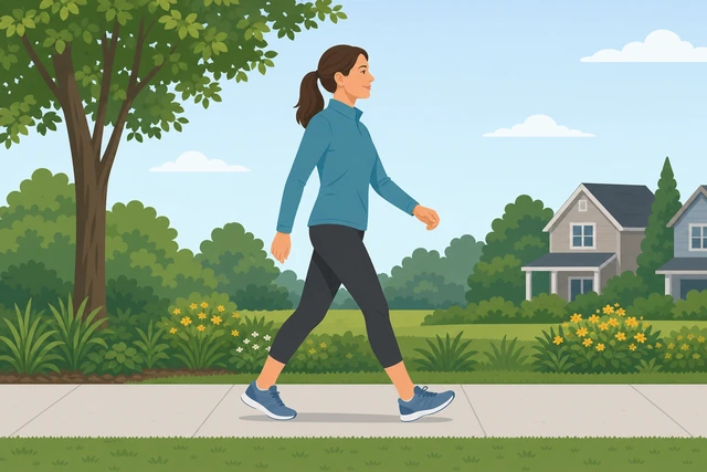 Illustration: person walking at an easy pace on a sidewalk to raise body temperature before running