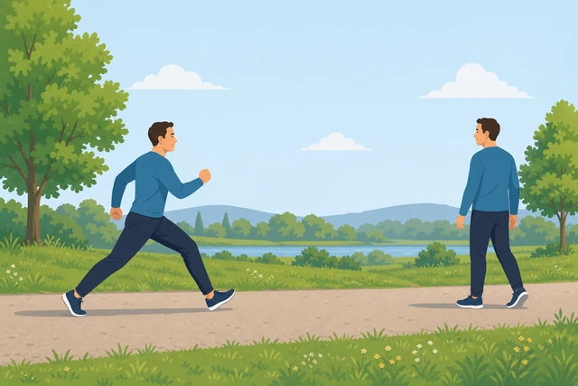 Illustration: runner building speed smoothly over a short stride-out then walking back to recover