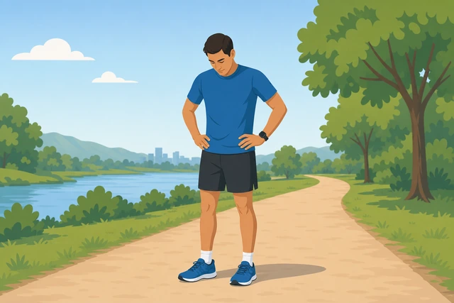 Illustration: runner checking tied shoes and watch with a mental warm-up checklist before starting