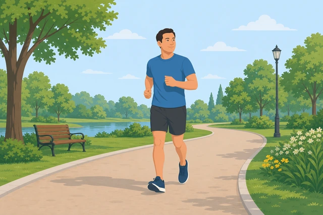 Illustration: runner starting at a relaxed easy pace on a neighborhood path