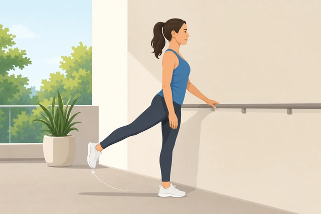 Illustration: person holding a fence lightly while swinging one leg forward and back in a controlled arc