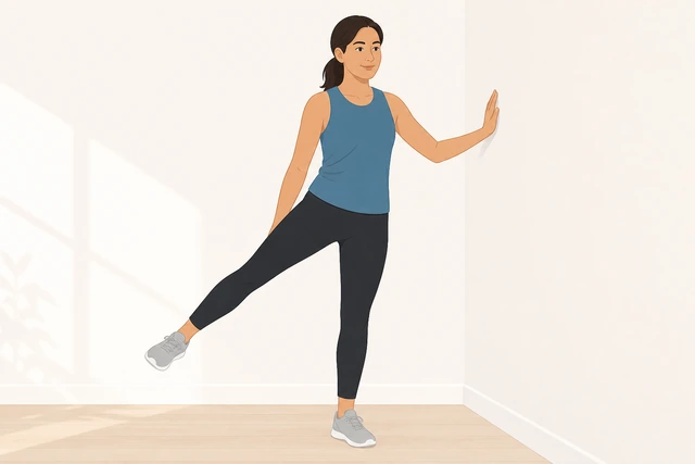Illustration: person facing a wall while swinging one leg gently across the body side to side