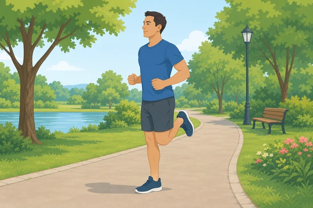 Illustration: person walking while bringing heels gently toward glutes in a butt-kick march