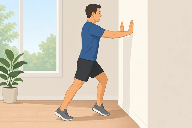 Illustration: hands on a wall while rocking forward and back through the calves in a dynamic pulse