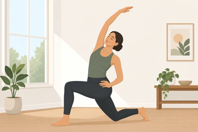 Illustration: person in a shallow reverse lunge with one arm reaching overhead to open hip and upper back
