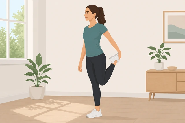 Illustration: person standing and briefly holding one foot behind them for a short quad stretch