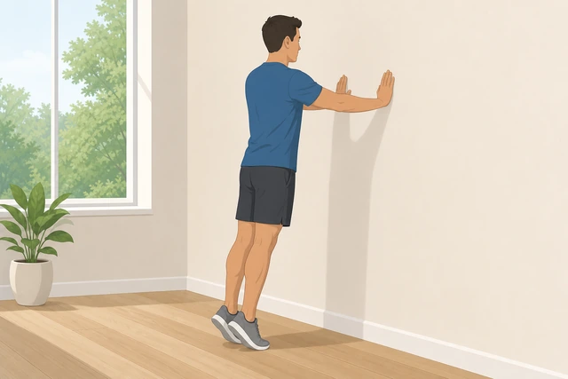Illustration: extra dynamic calf rocks against a wall with more repetitions per side
