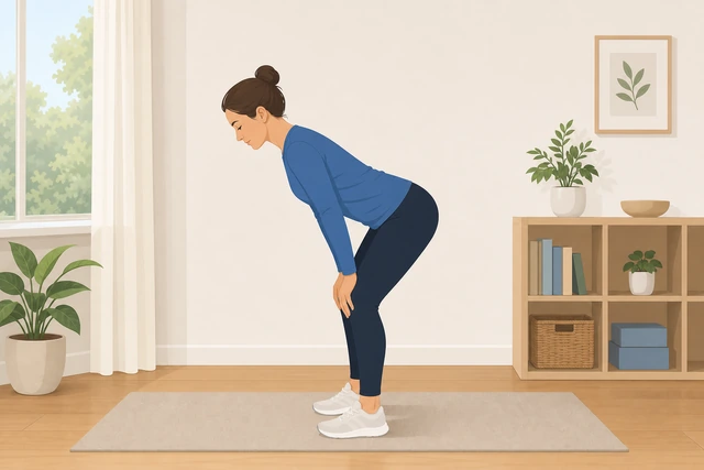Illustration: person doing a gentle hip hinge with slightly bent knees and flat back