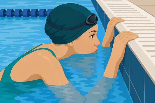 Swimmer lips only in water nose dry at pool edge