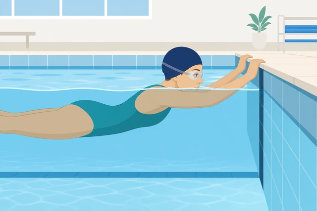 Swimmer at pool edge chin and lips in water nose above